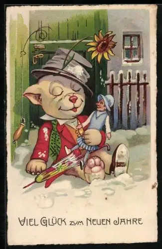 AK Selig schlummernder Bonzo mit Puppe im Schnee, Neujahrsgruss