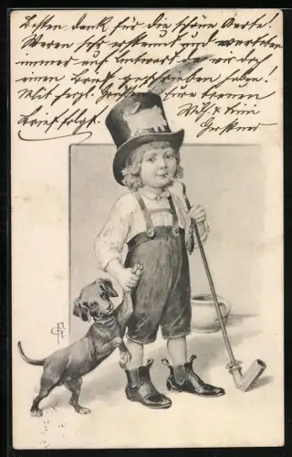 AK Knabe mit Zylinder, Pfeife und Dackel