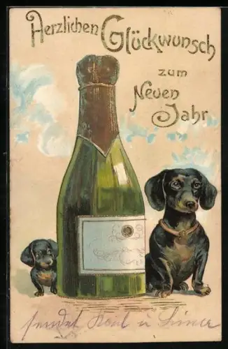 AK Dackel wünscht ein glückliches neues Jahr mit einer Sektflasche