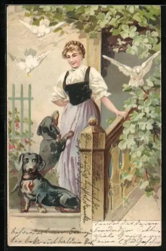 Lithographie Zwei Dackel und ein Trachtenmädchen, Weisse Tauben