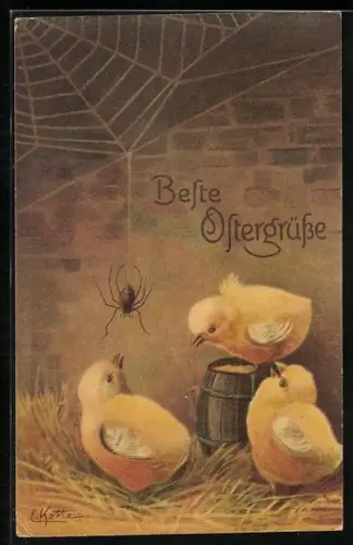 AK Osterküken entdecken eine Spinne, Ostergruss