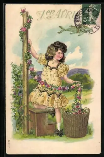 Künstler-AK Mädchen im gelben Kleid entnimmt Blumenband aus einem Korb, Fisch, 1er Avril