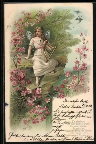 Lithographie Elfe spielt Lyra auf einer Felsvorsprung, Gedicht