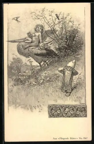 Künstler-AK Amor auf Storch lacht über einen grimassierenden Zwerg