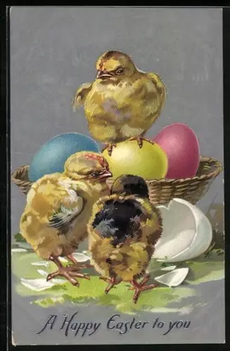 Künstler-AK Osterküken am Osterkorb, A happy Easter to you