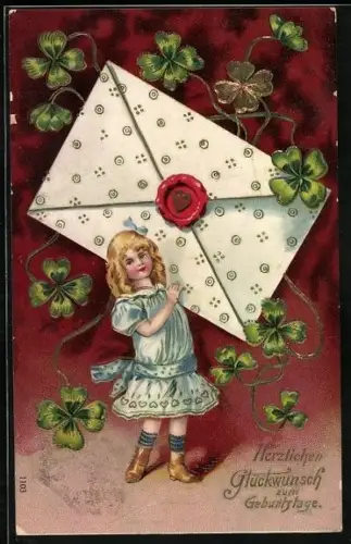 Künstler-AK Mädchen mit riesigem Umschlag und Klee, Geburtstag