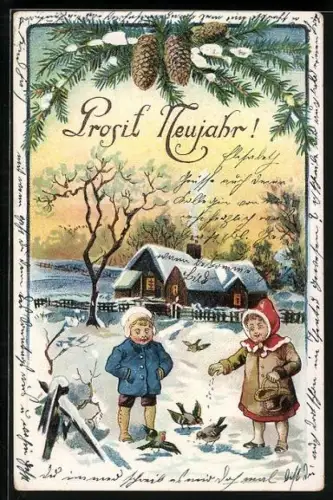 Künstler-AK Zwei Kinder füttern Vögel im Schnee, Prosit Neujahr