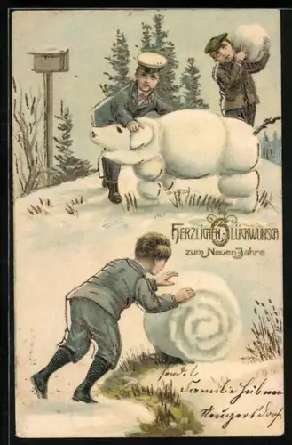 Lithographie Kinder bauen ein Schneeschwein, Neujahrsgruss
