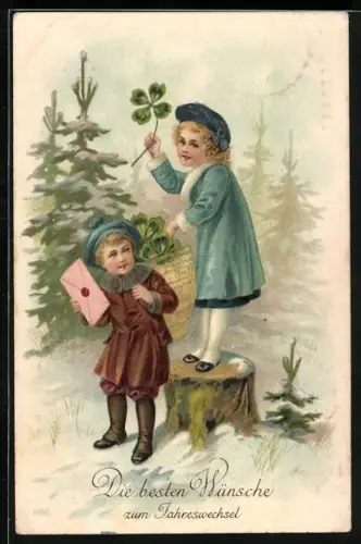 Künstler-AK Die besten Wünsche zum Jahreswechsel, Kinder mit Glücksklee
