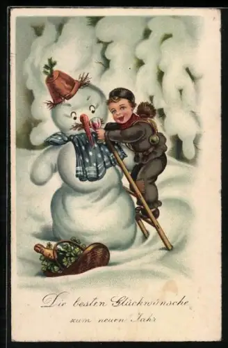 Künstler-AK Kleiner Schornsteinfeger mit Schneemann zum Neujahr