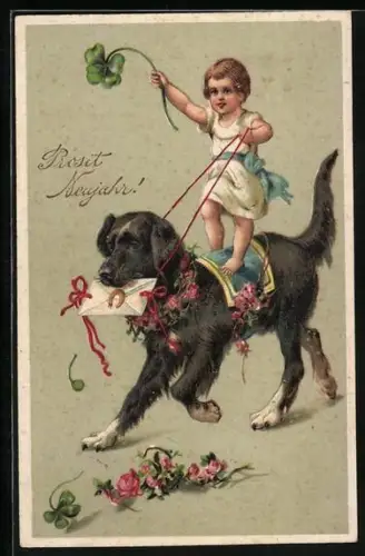 Präge-AK Kind reitet auf einem Hund mit Brief im Maul, Prosit Neujahr
