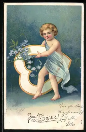 Künstler-AK Blonder Knabe mit grossem Herz und Vergissmeinnicht, Prosit Neujahr