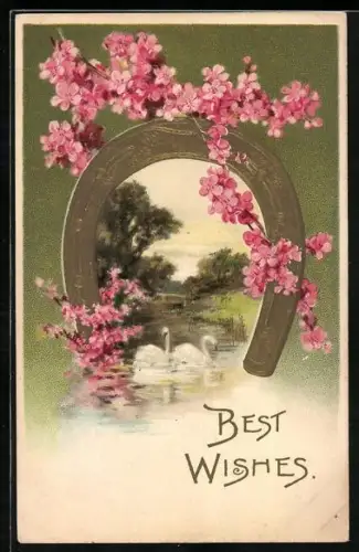 Präge-AK Hufeisen mit Kirschzweigen, Motiv mit Schwänen auf einem See, Best Wishes