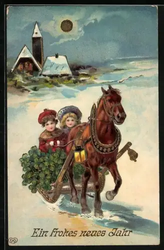 Künstler-AK Zwei Kinder auf einem Schlitten mit Pferd im Schnee, Ein frohes neues Jahr
