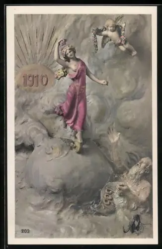 AK Sonnenaufgang mit der Jahreszahl 1910 und junger Frau mit Blumen