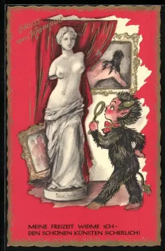 Künstler-AK Krampus blickt mit Lupe auf eine nackte Frauenbüste, Meine Freizeit widme ich - den schönen Künsten...