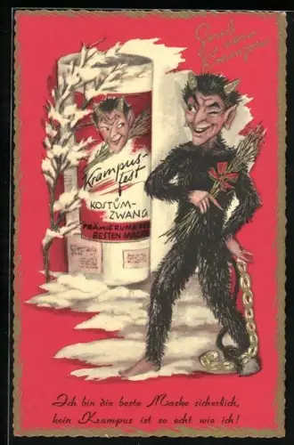 Künstler-AK Krampus bestaunt sein Plakat an einer Litfasssäule