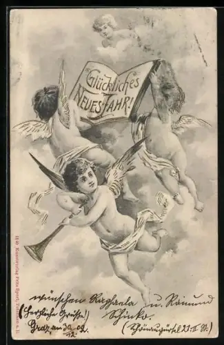 Lithographie Neujahrsengel fliegen im Himmel herum