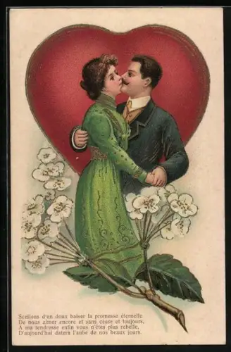 Künstler-AK Paar küsst sich vor einem grossen Herz