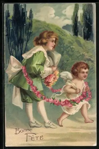 Lithographie Kind und Engel mit Blumengirlande, Bonne Fête