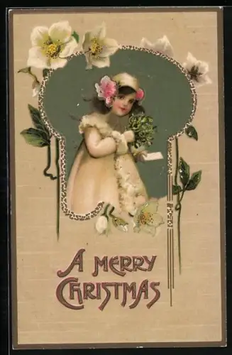 Künstler-AK Mädchen mit Mistelzweig und Blumen, A merry Christmas