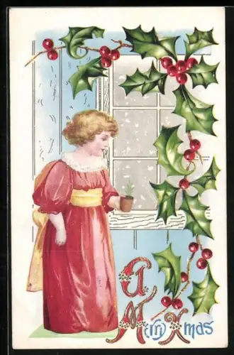 AK Mädchen in rotem Kleid steht an einem Fenster, Stechpalme, Merry Xmas