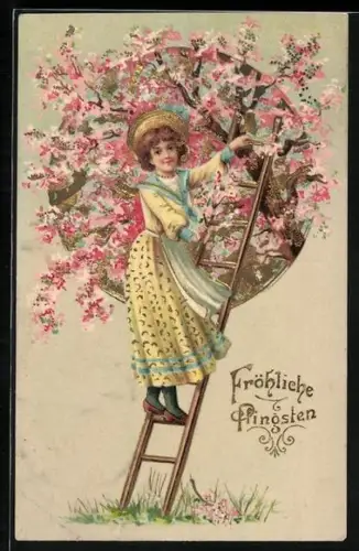 Künstler-AK Frau auf einer Leiter pflückt Blüten, Fröhliche Pfingsten