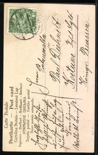 Künstler-AK Frau auf einer Leiter pflückt Blüten, Fröhliche Pfingsten