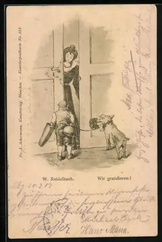 Lithographie Zwerg und Schwein gratulieren einer Frau