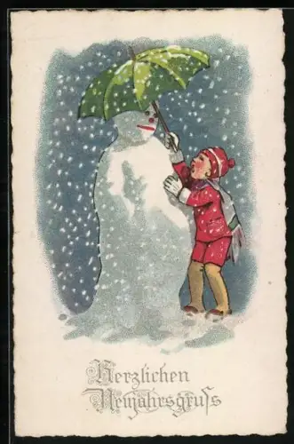 Künstler-AK Junge hält einen Schirm über den Kopf eines Schneemanns, Neujahr