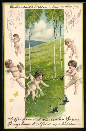 Lithographie Kleine Engel musizieren an einer Wiese, Fröhliche Pfingsten