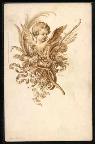 Lithographie Kleiner Amor mit Pfeil und Bogen