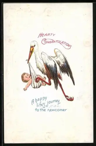 Künstler-AK Storch bringt ein Baby, Hearty Congratulations