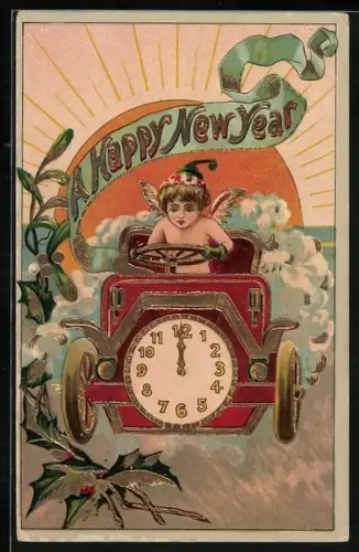 Künstler-AK Neujahrsengel fährt ein Auto mit einer Uhr zu Mitternacht