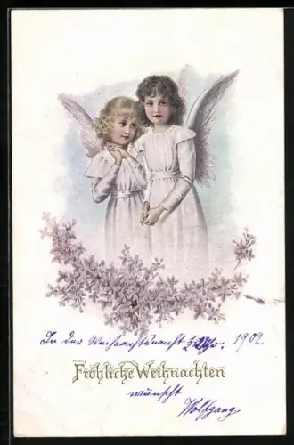 Lithographie Zwei Weihnachtsengel mit Blumen, Fröhliche Weihnachten
