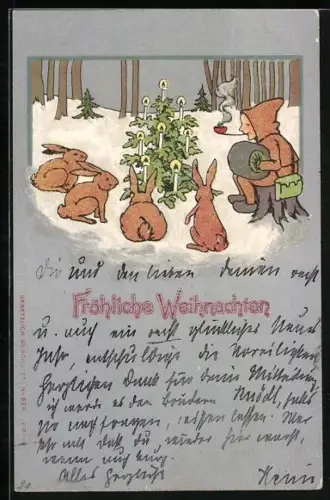 Lithographie Zwerg sitzt mit Hasen um einen Weihnachtsbaum