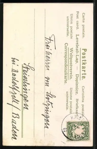 Lithographie Zwerg sitzt mit Hasen um einen Weihnachtsbaum