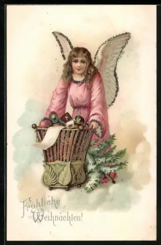 Lithographie Weihnachtsengel mit Korb voller Geschenke