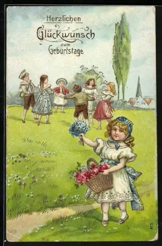 Künstler-AK Kinder tanzen auf einer Wiese, Kind mit Blumenkorb, Geburtstag