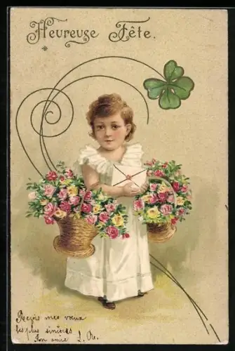 Lithographie Mädchen mit Brief und zwei Blumenkörben, Klee, Heureuse Fête