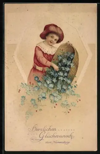 Künstler-AK Kind mit Korb voller Vergissmeinnicht zum Namenstag