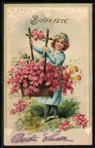 Künstler-AK Mädchen mit Korb voller Blumen, Herz, Bonne Fête