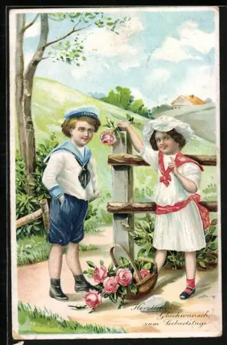 Künstler-AK Junge im Matrosenanzug am Zaun, Mädchen mit Rosenkorb, Geburtstag