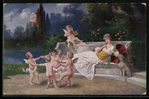 AK Amor und andere kleine Engel tanzen um eine junge Frau