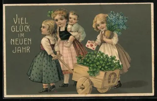 AK Viel Glück im Neuen Jahr, Mädchen mit Wagen voller Klee