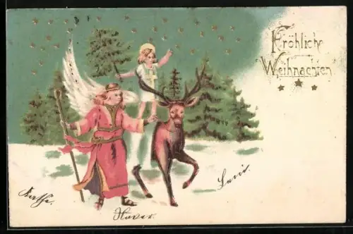 AK Weihnachtsengel mit Christkind und Rentier