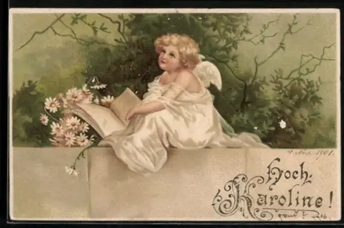 Lithographie Engel sitzt mit Buch und Blumen auf einer Mauer