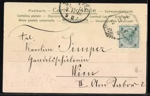 Lithographie Engel sitzt mit Buch und Blumen auf einer Mauer