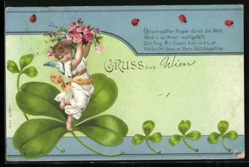 Lithographie Engel mit Rosen auf dem Kleeblatt stehend, Marienkäfer