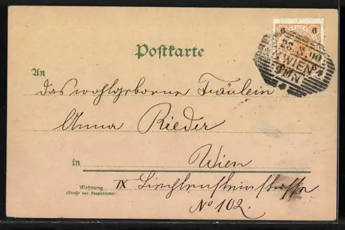 Lithographie Engel mit Rosen auf dem Kleeblatt stehend, Marienkäfer